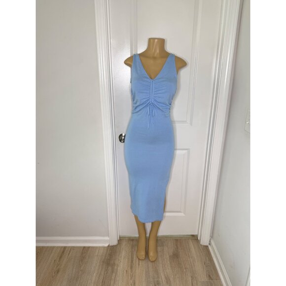 Light Blue Ribbed Midi Dress With Ruched Front Detail & Sleeveless Design - Medi - Picture 1 of 5